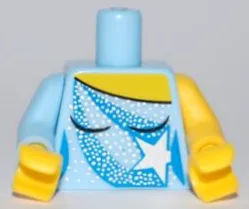 Torso Female Ice Skating Costume with Blue Stripes and Silver Star, Dots and Sparkles, Yellow Neck Pattern / Yellow Arm Left / Bright Light Blue Arm Right / Yellow Hands