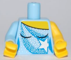 Lego Torso Female Ice Skating Costume with Blue Stripes and Silver Star, Dots and Sparkles, Yellow Neck Pattern / Yellow Arm Left / Bright Light Blue Arm Right / Yellow Hands