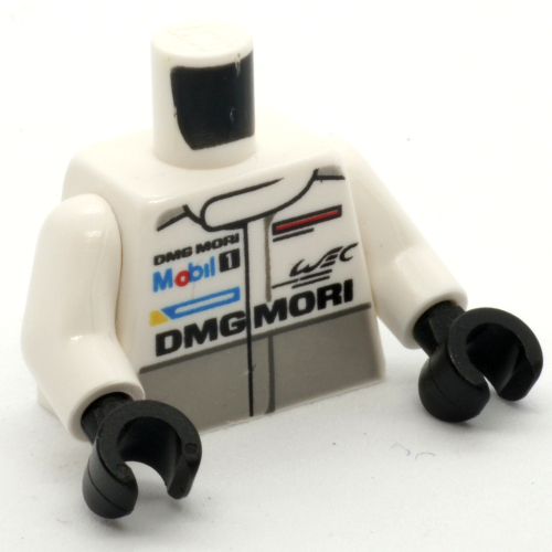 Lego Torso Racing Jacket, Light Bluish Gray Band, Mobil 1 and DMG MORI Logo's / PORSCHE, DMG MORI, and Comm Device (Radio) on Back Print, White Arms, Black Hands / White