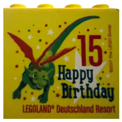 Lego Brick 2 x 4 x 3 with '15 Happy Birthday LEGOLAND Deutschland Resort' Print / Yellow