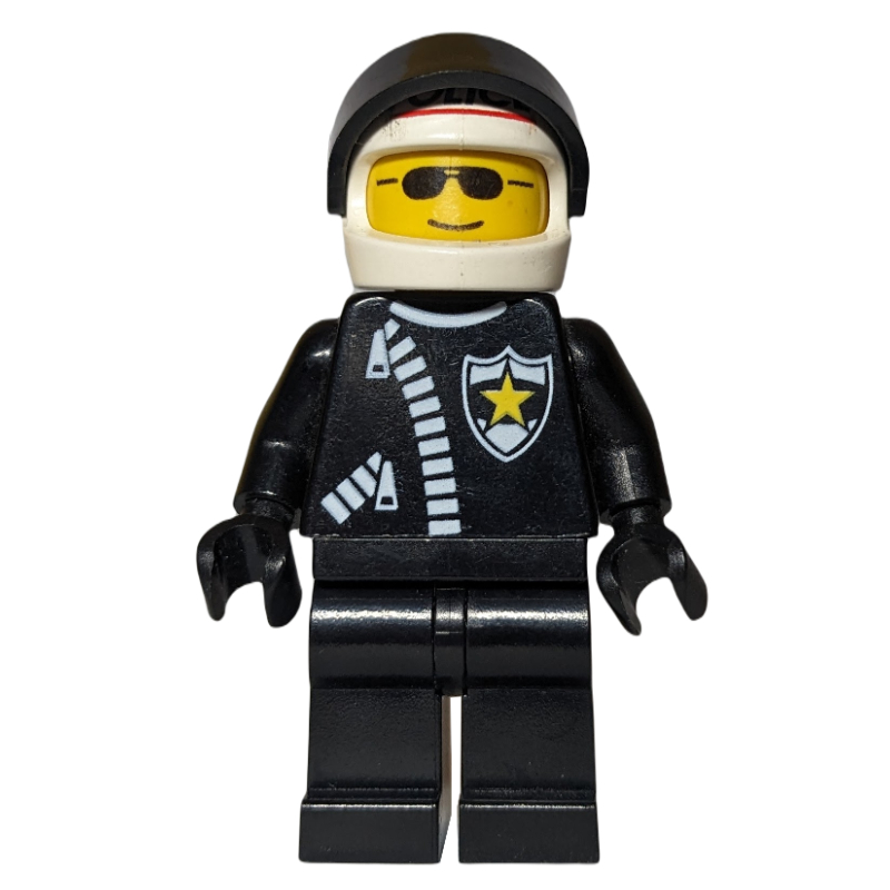 Lego Policeman, Black Jacket with Zipper and Badge, White Helmet with 'POLICE' and Black Visor, Sunglasses
