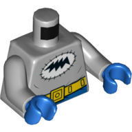Lego Torso Bodysuit, Black Lightning in White Oval (Batmite Logo), Yellow Utility Belt Print, Light Bluish Gray Arms, Blue Hands / Light Bluish Gray