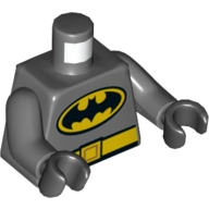 Lego Torso Bodysuit, Batman Logo in Yellow Oval with Yellow Belt Front and Back Print, Dark Bluish Gray Arms, Black Hands / Dark Bluish Gray