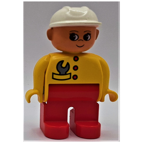 Lego Duplo Figure, Early, Hard Hat White, Red Legs, Wrench in Pocket, Eyelashes Print / Yellow