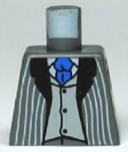 Lego Torso Suit Jacket Open with Light Bluish Gray Pinstripes and Black Lapels over Vest with Buttons and White Shirt, Blue Tie Pattern