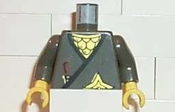 Torso Ninja Wrap with Black Hem over Gold Scale Mail, Brown Dagger Handle, Shuriken Throwing Star Pattern / Dark Gray Arms / Yellow Hands
