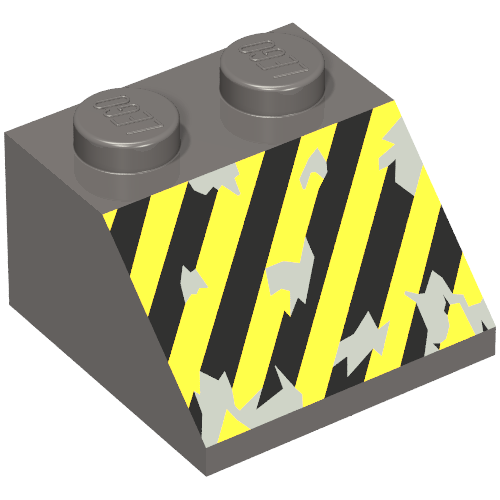 Lego Brick Sloped 45° 2 x 2 with Black and Yellow Stripes Print / Dark Bluish Gray
