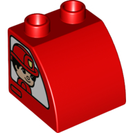 Lego Duplo Brick 2 x 2 x 1 1/2 with Curved Top with Firefighters, Male on Right, Female on Left Print / Red