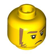 Lego Minifig Head, Medium Nougat Eyebrows, Sideburns, Annoyed / Black Sunglasses with Orange Lenses, Mean Grin / Yellow