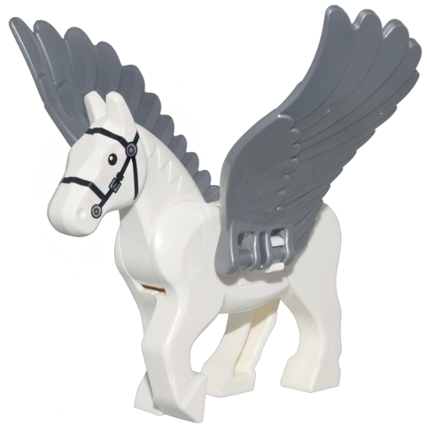 Lego Pegasus, Movable Legs with Flat Silver Wings with Black Eyes, White Pupils, and Single Silver Buckle on Black Bridle Pattern (HP Abraxan)