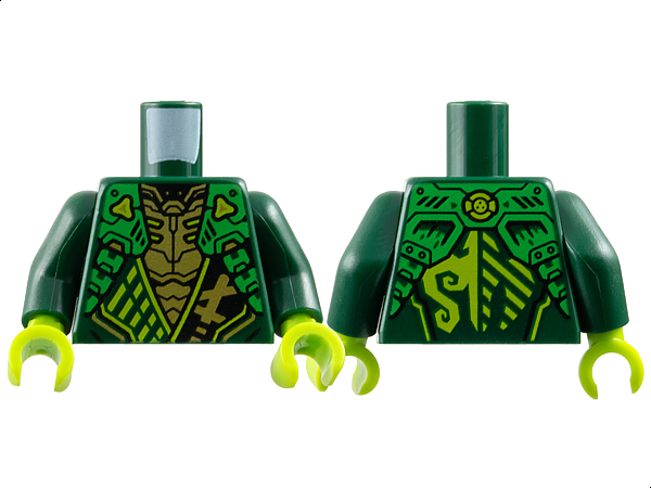 Lego Torso Armored Tunic with Bright Green Shoulder Panels, Lime Trim and Gold Ninjago Logogram Letter L over Chest Armor, Energy Dragon Logo on Back Pattern / Dark Green Arms / Lime Hands