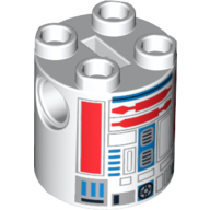 Lego Brick Round 2 x 2 x 2 Robot Body, Axle Holder '+' Orientation with Blue and Red Astromech Droid Print (R5-D8 / R5-D4) / White