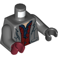 Lego Torso, Odd Hands, Coat, Open over Dark Red Vest, Dark Blue Shirt Print, Dark Bluish Gray Arms, Left Black Hand, Right Dark Red Hand / Dark Bluish Gray