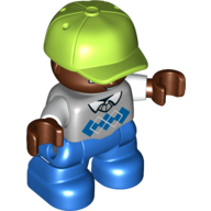 Lego Duplo Figure Child with Cap Lime, with Light Bluish Gray Sweater and Tie over White Shirt - Dark Brown Face - Blue Legs / Light Bluish Gray