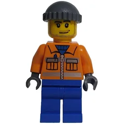 Ground Crew, Orange Jacket with Zipper and Reflective Stripes, Blue Legs, Dark Bluish Gray Hat, Stubble