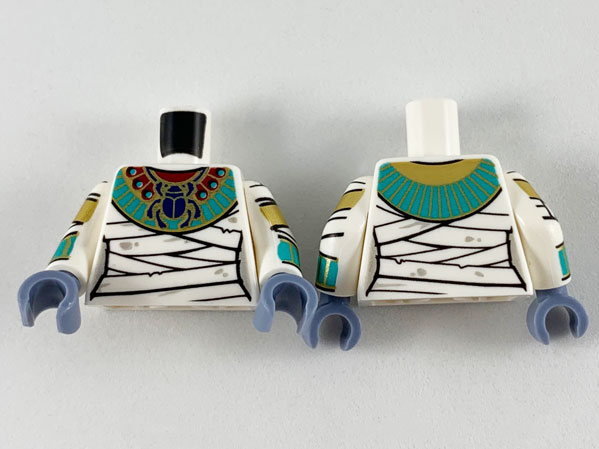 Lego Torso Female Mummy Wrappings and Scarab Collar Pattern / White Arms with Wrappings, Gold and Dark Turquoise Bracelets Pattern / Sand Blue Hands