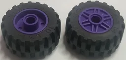 Wheel 18mm D. x 14mm with Pin Hole, Fake Bolts and Shallow Spokes with Black Tire 30.4 x 14 Offset Tread - Band Around Center of Tread (55981 / 92402) / Dark Purple