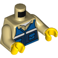 Lego Torso Shirt, Dark Blue Vest with Pockets and White Stripe Print, Tan Arms, Yellow Hands / Tan