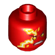 Minifig Head Kai, Bright Light Orange Eyes, Yellow and White Flames Print / Red