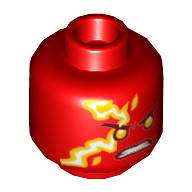 Lego Minifig Head Kai, Bright Light Orange Eyes, Yellow and White Flames Print / Red