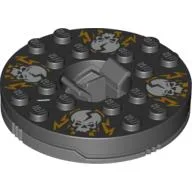 Turntable 6 x 6 Round Dark Bluish Gray Base with Black Top with White Skulls on Orange Print (Ninjago Spinner) / Black