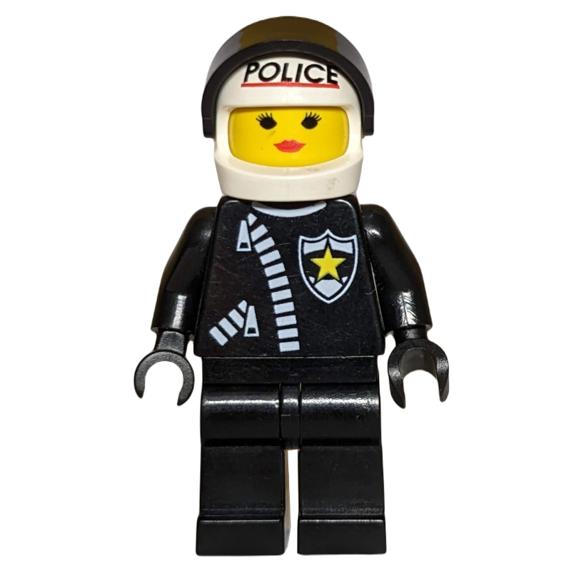 Lego Paula - Policewoman, Black Jacket with Zipper and Badge, White Helmet with 'POLICE' and Visor