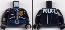 Torso Police Leather Jacket, Gold Badge, Radio, Ammo Belt, Police Pattern on Back / Black Arms / Black Hands