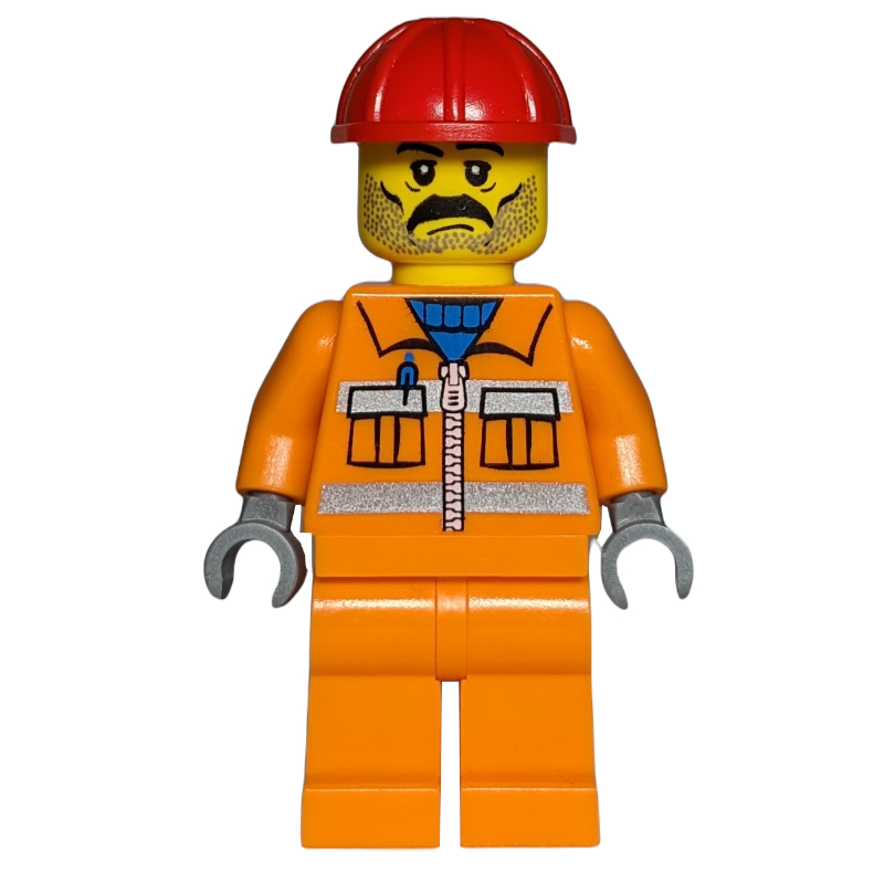 Lego Construction Worker, Orange Jacket with Zipper and Reflective Stripes, Orange Legs, Red Hard Hat, Moustache and Stubble
