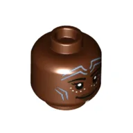 Minifig Head Nakia, Sand Blue Markings, Dark Brown Lips, Smile / Angry with Clenched Teeth Print / Reddish Brown