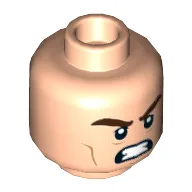 Minifig Head Kite Man, Dual Sided Thick Dark Brown Eyebrows, Cheek Lines, Open Mouth Smile / Teeth Angry Print [Hollow Stud] / Light Nougat