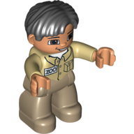 Lego Duplo Figure Side Parted Hair Black, with Dark Tan Legs, Tan Top, Brown Eyes (Zoo Keeper) / Tan