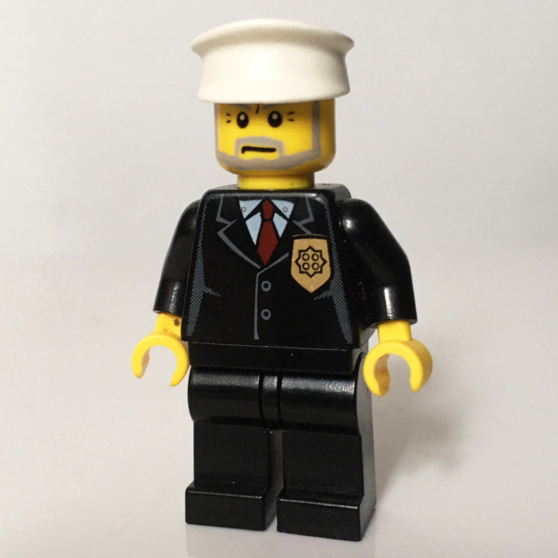 Lego Policeman, Black Suit with Badge, White Hat, Gray Beard