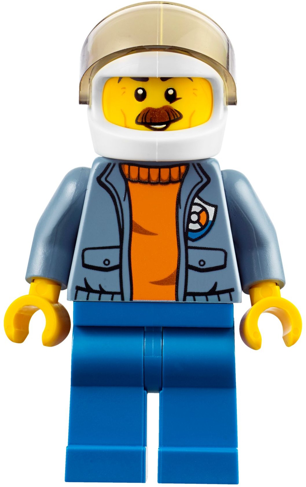 Lego Coast Guard, Open Sand Blue Jacket with Badge over Orange Sweater, White Helmet with Visor, Moustache