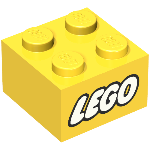 Lego Brick 2 x 2 without Inside Ridges with LEGO Logo with Closed O White Print / Yellow