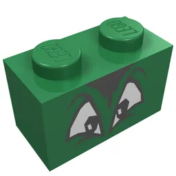 Brick 1 x 2 with Black and White Squinting Eyes and Hair Print / Green