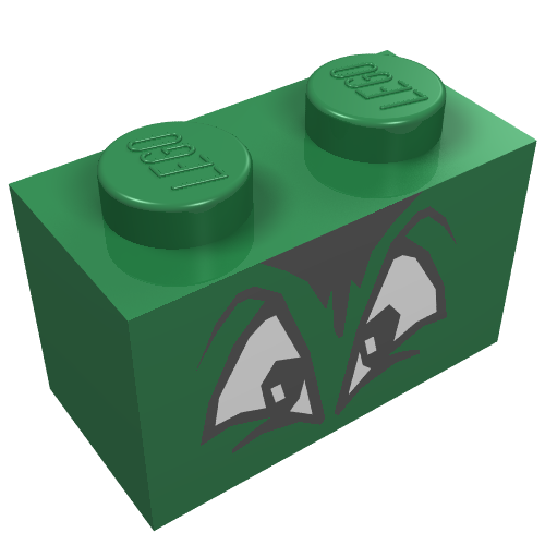 Lego Brick 1 x 2 with Black and White Squinting Eyes and Hair Print / Green
