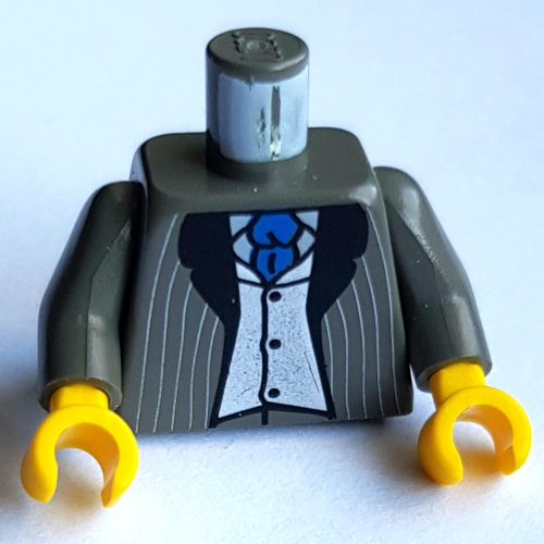 Lego Torso Pinstriped Suit Jacket, Vest Silver, Blue Tie Print, Dark Gray Arms, Yellow Hands / Dark Gray