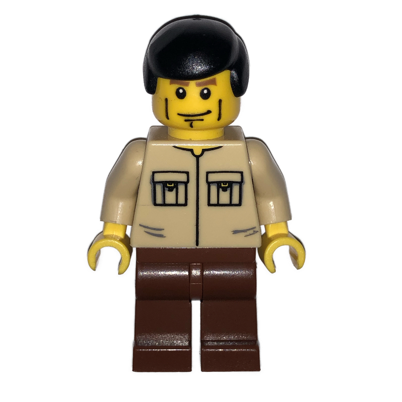 Lego Man, Tan Shirt with Pockets, Reddish Brown Legs, Black Hair
