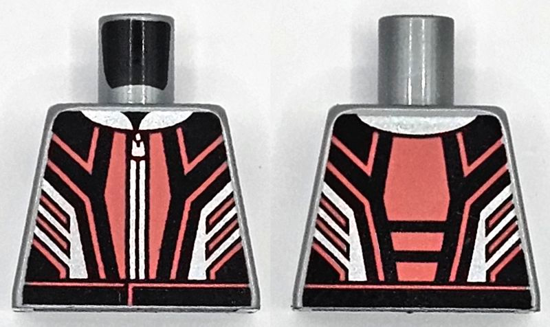 Lego Torso Racing Suit Black Panels, Coral Lines and Hem, Silver Collar and Zipper Pattern