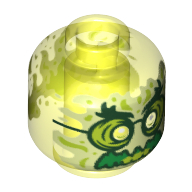 Lego Minifig Head Ghost, with Yellowish Green Face, Bushy Eyebrows, Glasses, Angry and Flames in Back Print