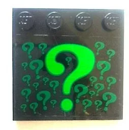 Tile, Modified 4 x 4 with Studs on Edge with Bright Green Question Marks (Riddler Logo) Pattern (Sticker) - Set 7785