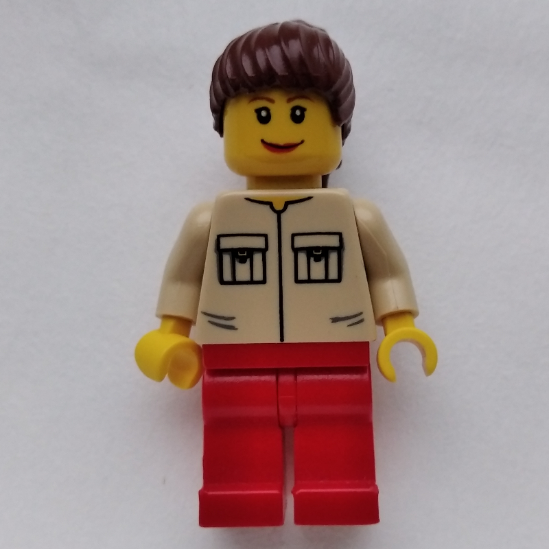Lego Woman, Tan Shirt with Two Pockets, Red Legs, Reddish Brown Hair