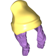 Lego Hair and Hat, Two Braids and Beanie, Bright Light Yellow Pattern / Medium Lavender