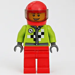 Racer with Lime Jacket with Black and White Checks, Red Helmet with Trans-Brown Visor