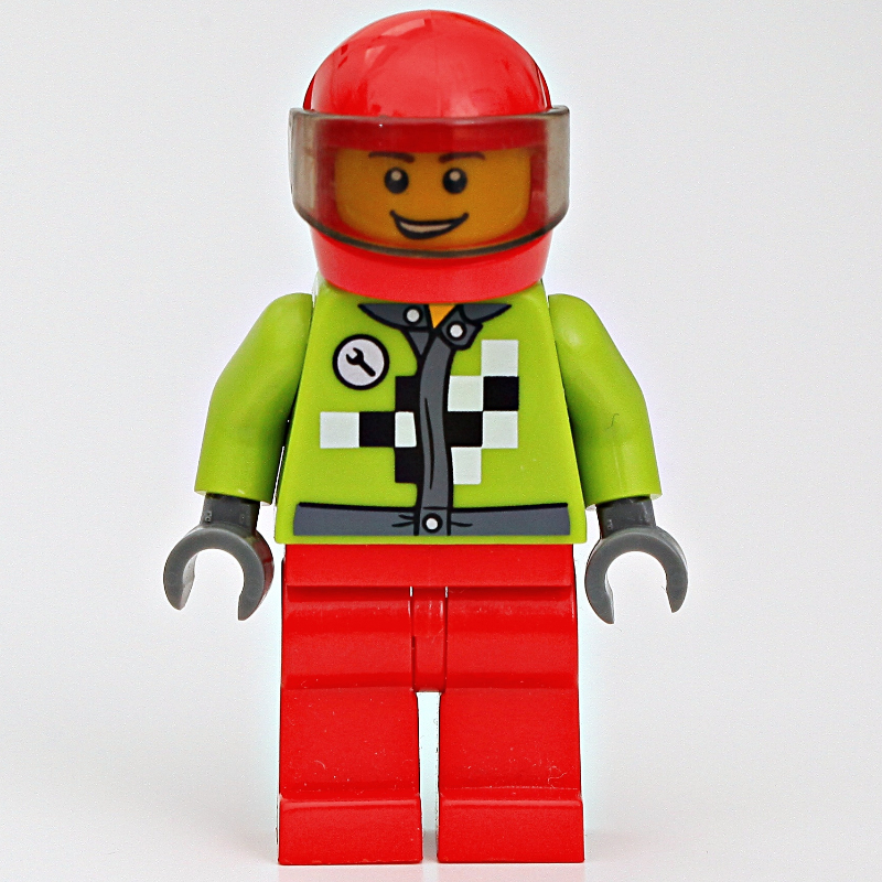 Lego Racer with Lime Jacket with Black and White Checks, Red Helmet with Trans-Brown Visor