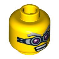 Lego Minifig Head Crazy Scientist, Pink and Silver Goggles, Gray Eyebrows, Open Mouth with Teeth Print [Blocked Open Stud] / Yellow