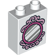 Lego Duplo Brick 1 x 2 x 2 with Bottom Tube and Silver Mirror Print / White
