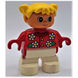 Duplo Figure, Early Child, with Pigtails Yellow, White Legs, White and Yellow Flowers Print / Red