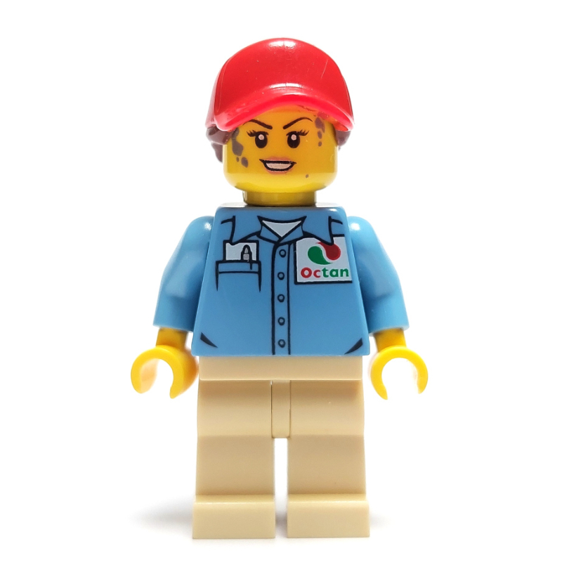Lego Ground Crew, Medium Blue Shirt with Octan Logo, Tan Legs, Red Cap with Hair