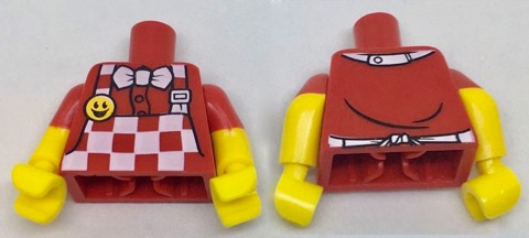 Lego Torso Checkered Apron and White Bow Tie, Bright Light Orange Smiley Face Button Pattern / Yellow Arms with Molded Red Short Sleeves Pattern / Yellow Hands